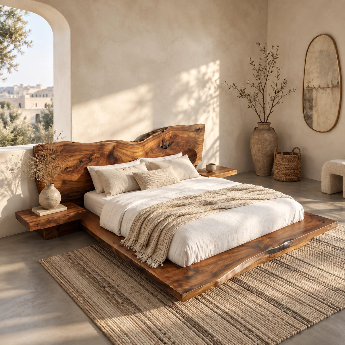 Organic Live Edge Slab Bed Frame With Floating Platform For Bedroom