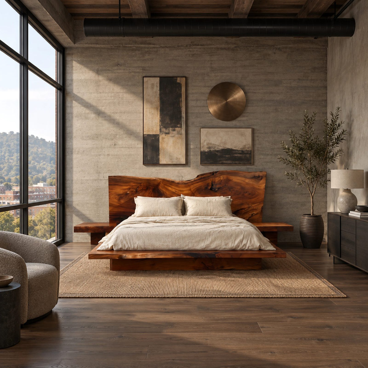 Organic Live Edge Slab Bed Frame With Floating Platform For Bedroom