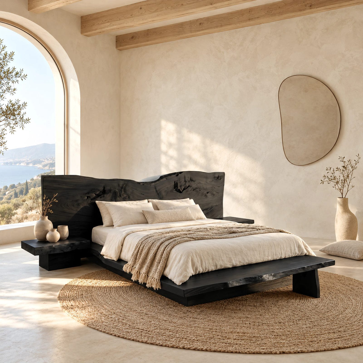 Organic Live Edge Slab Bed Frame With Floating Platform For Bedroom