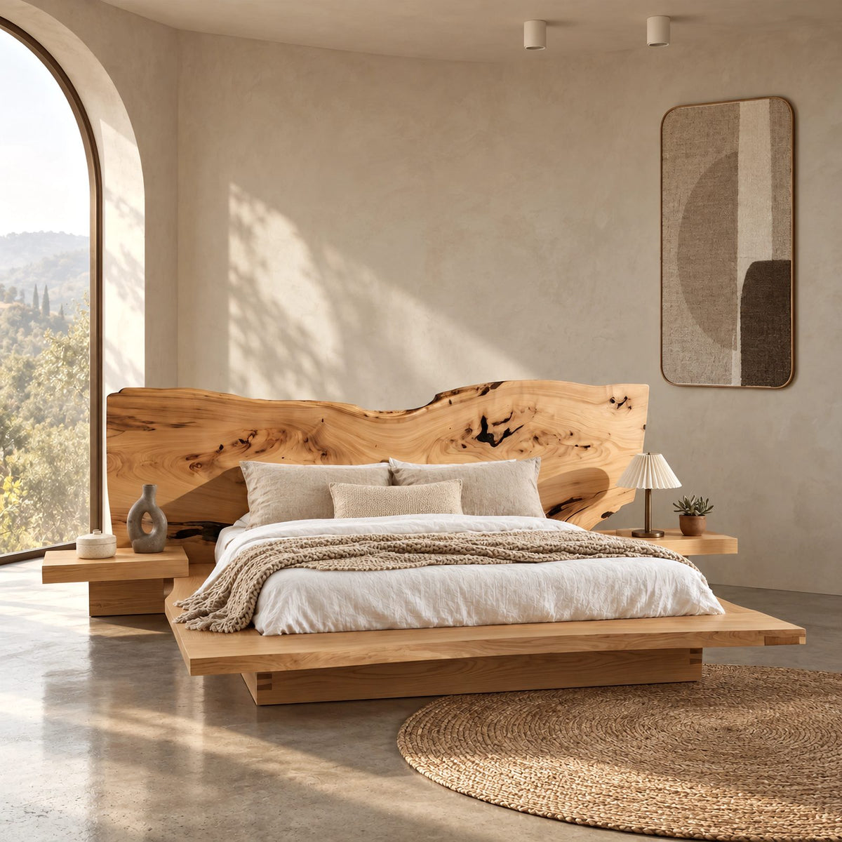 Organic Live Edge Slab Bed Frame With Floating Platform For Bedroom