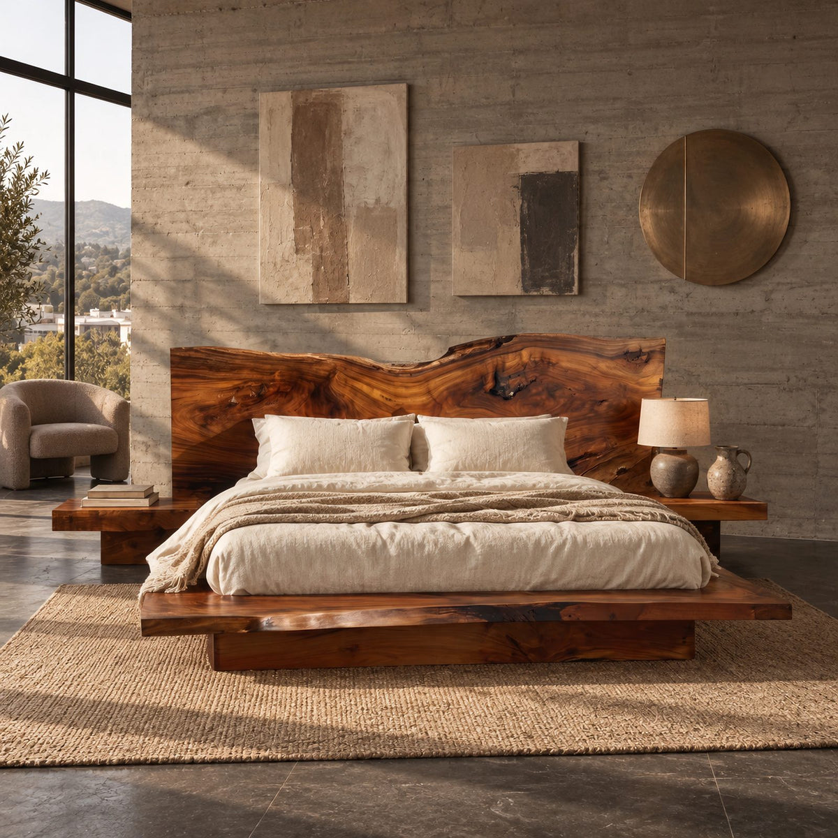 Organic Live Edge Slab Bed Frame With Floating Platform For Bedroom