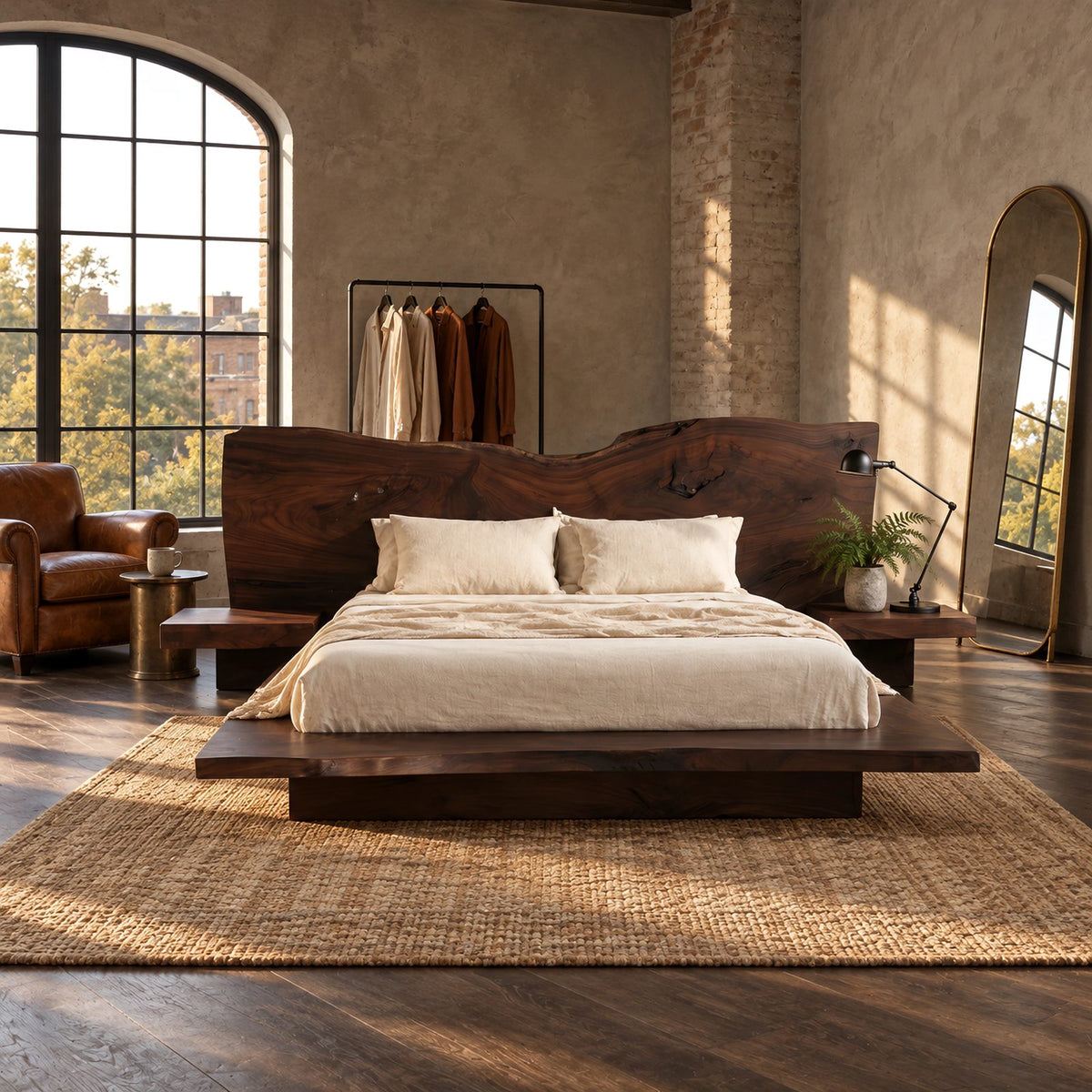 Organic Live Edge Slab Bed Frame With Floating Platform For Bedroom