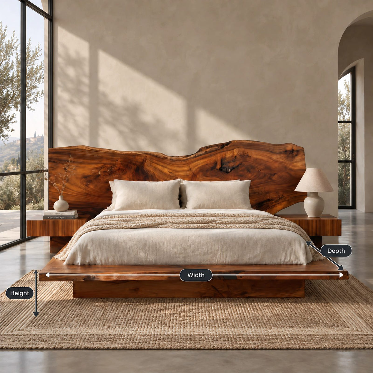 Organic Live Edge Slab Bed Frame With Floating Platform For Bedroom