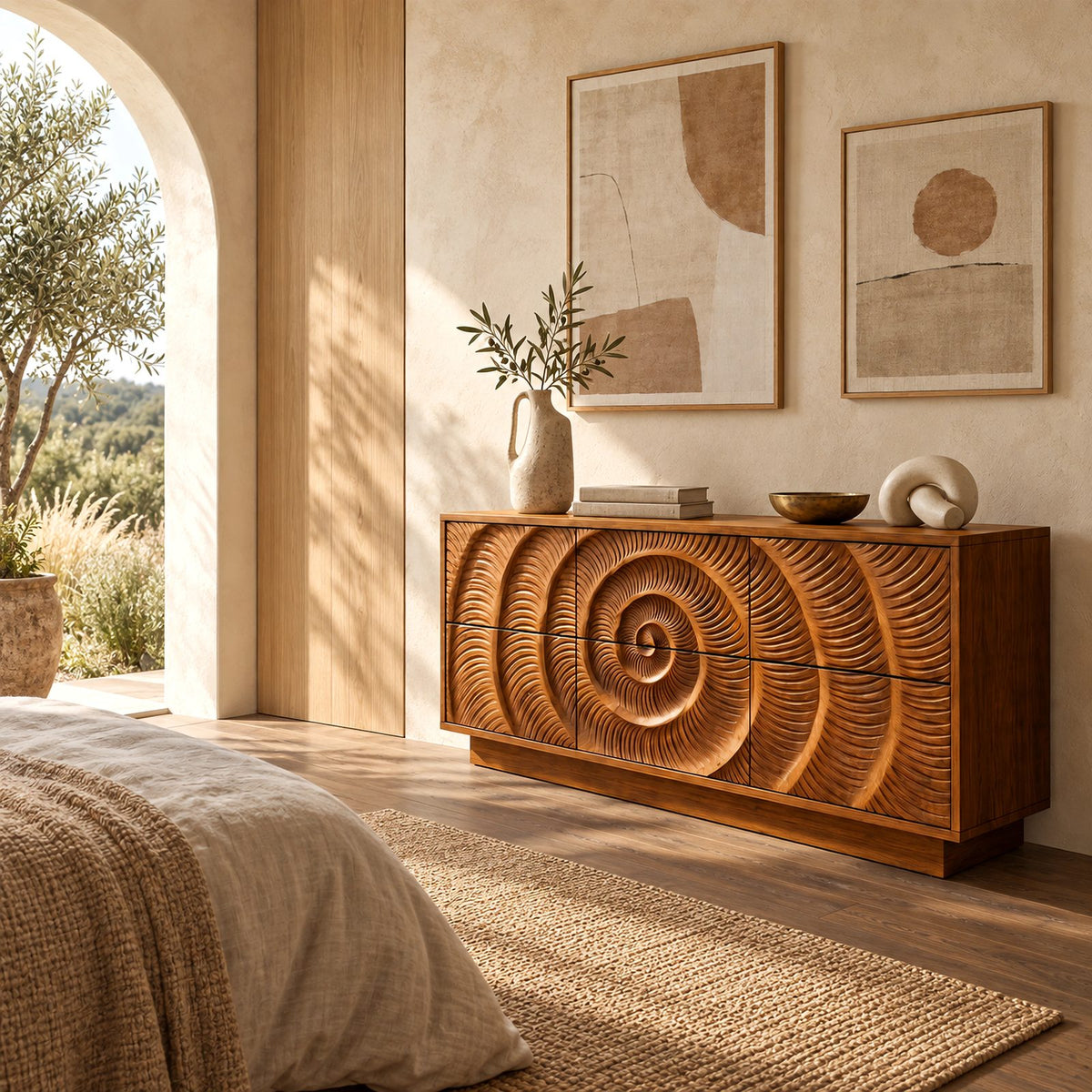 Artisan Carved Wide Dresser With Spiral Relief Front For Bedroom