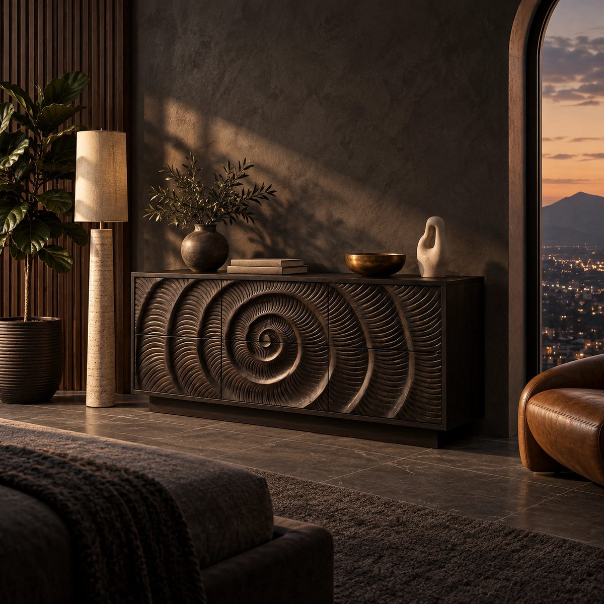 Artisan Carved Wide Dresser With Spiral Relief Front For Bedroom
