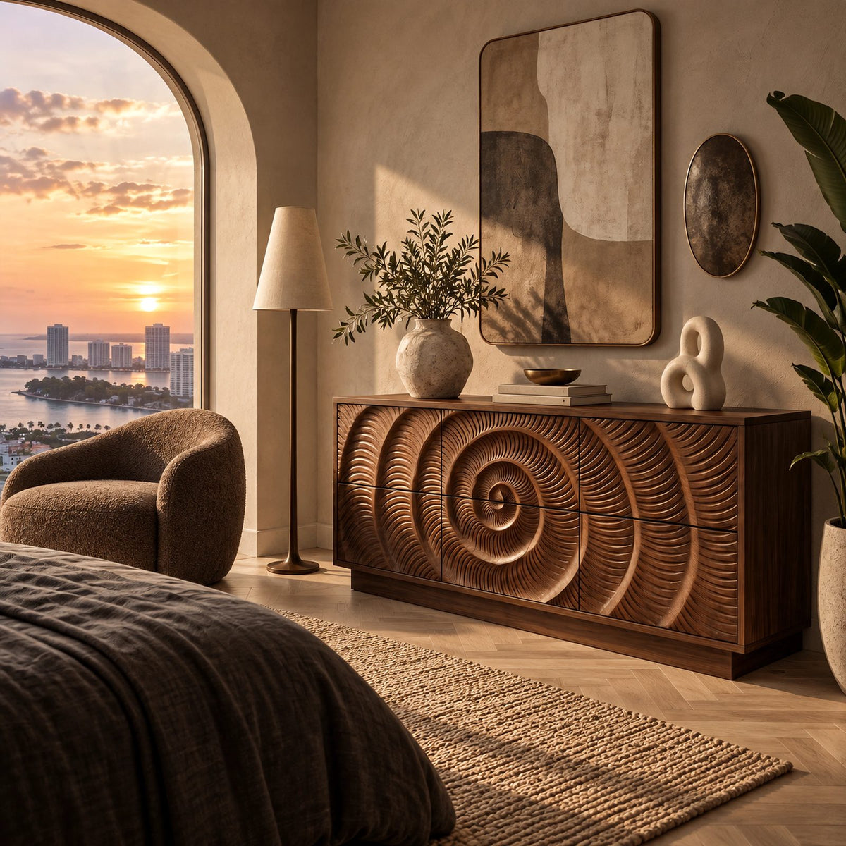 Artisan Carved Wide Dresser With Spiral Relief Front For Bedroom