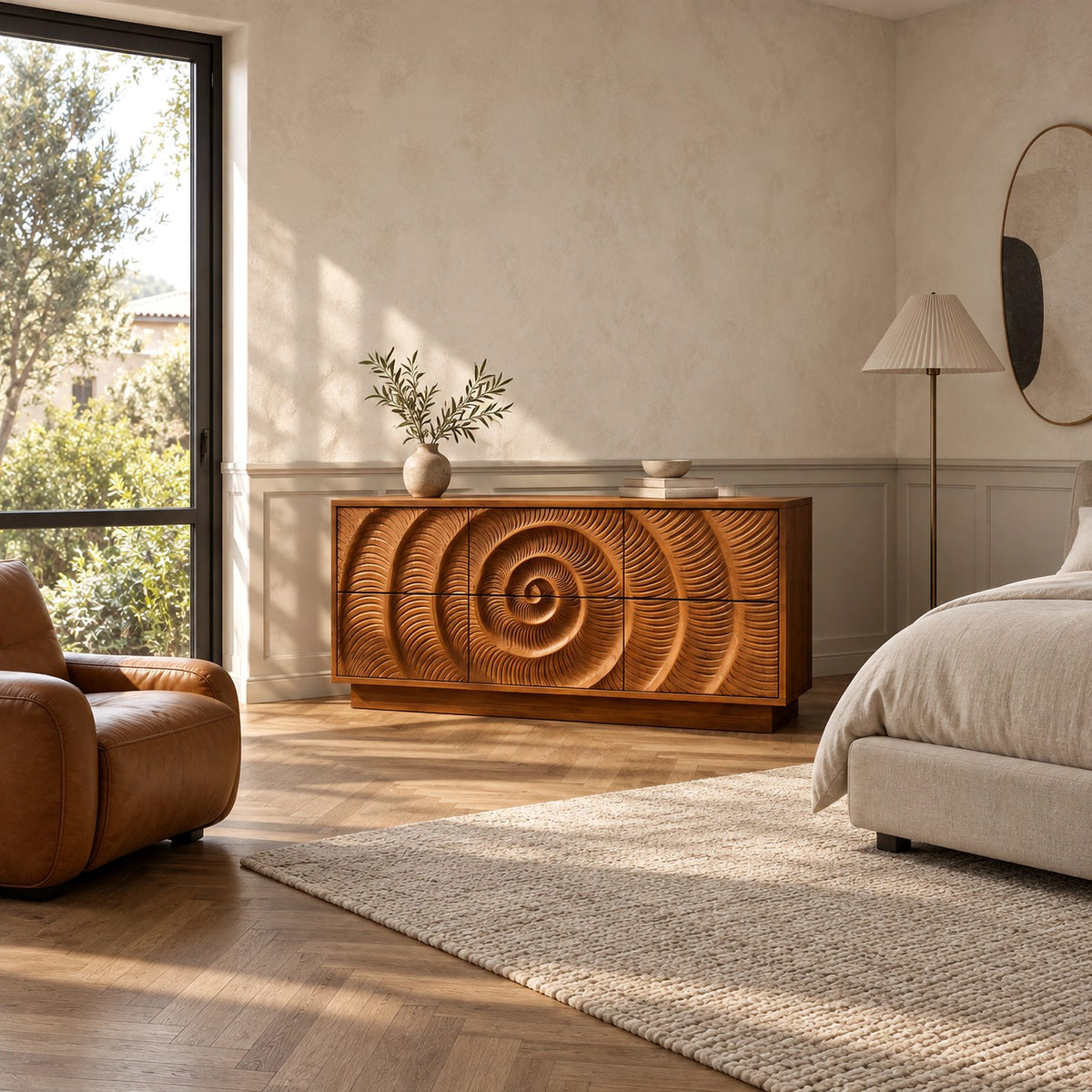 Artisan Carved Wide Dresser With Spiral Relief Front For Bedroom