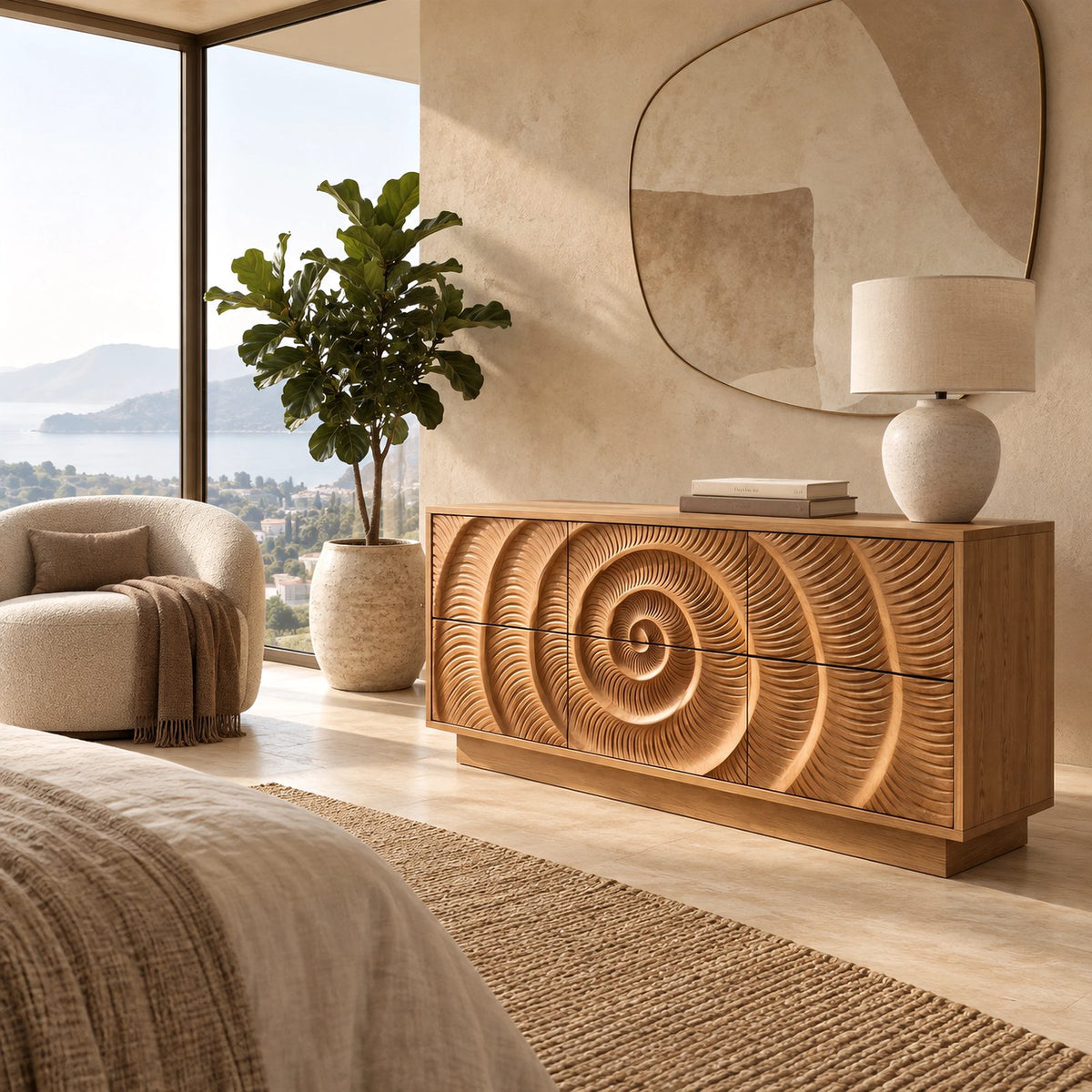 Artisan Carved Wide Dresser With Spiral Relief Front For Bedroom