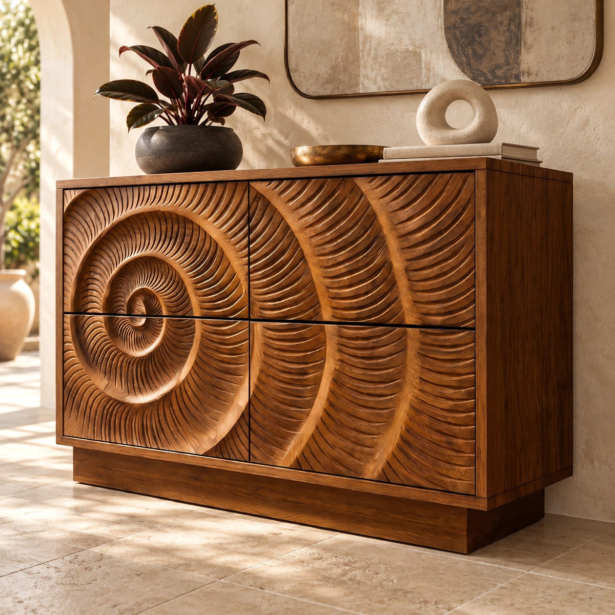 Artisan Carved Wide Dresser With Spiral Relief Front For Bedroom