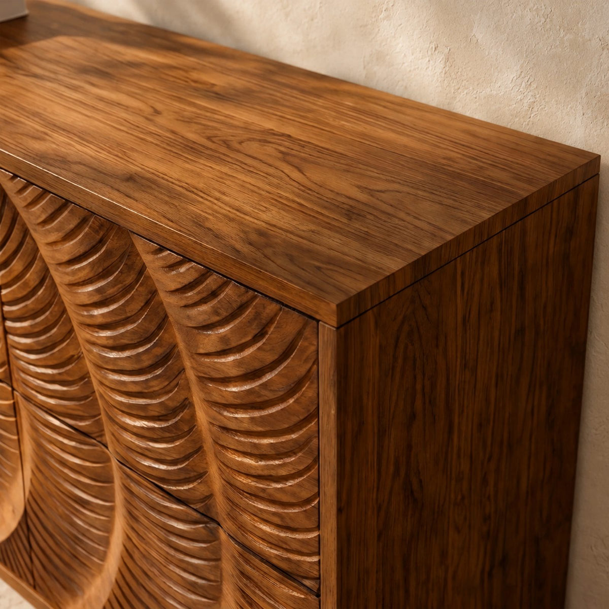 Artisan Carved Wide Dresser With Spiral Relief Front For Bedroom