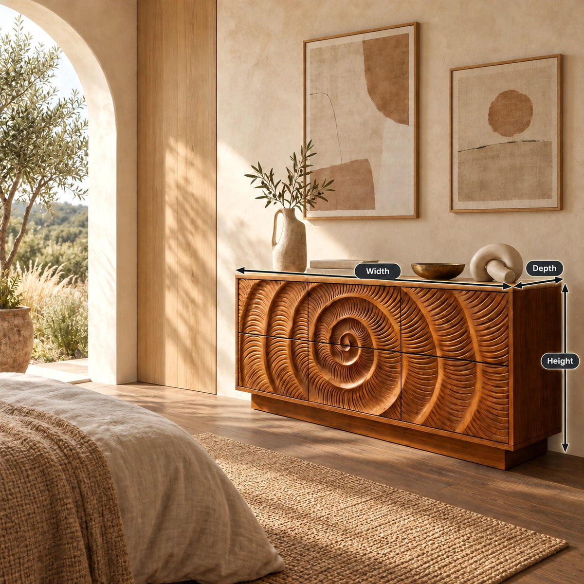 Artisan Carved Wide Dresser With Spiral Relief Front For Bedroom