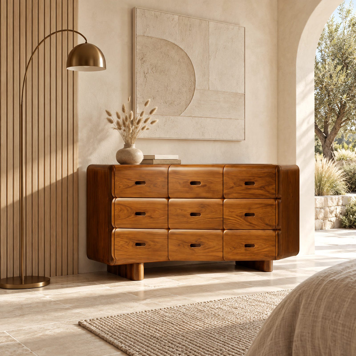 Retro Rounded Wooden Dresser With 9 Pillow Drawers For Bedroom