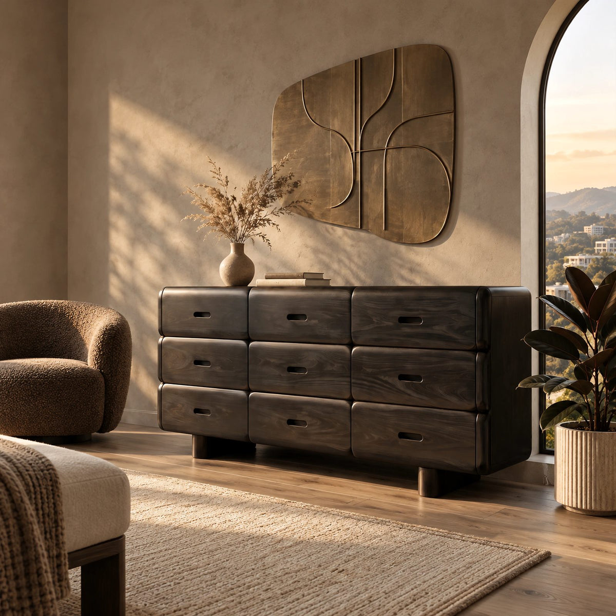 Retro Rounded Wooden Dresser With 9 Pillow Drawers For Bedroom