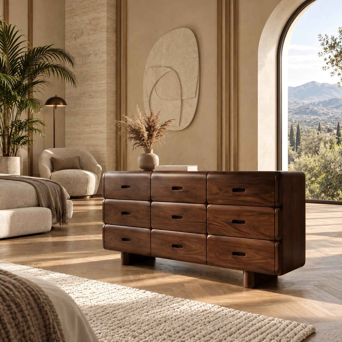 Retro Rounded Wooden Dresser With 9 Pillow Drawers For Bedroom