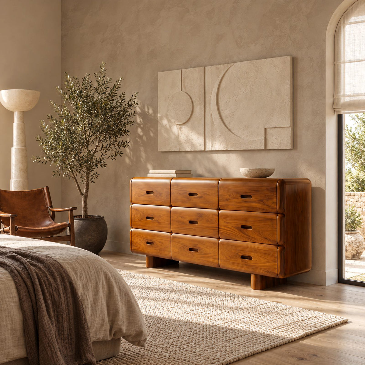 Retro Rounded Wooden Dresser With 9 Pillow Drawers For Bedroom
