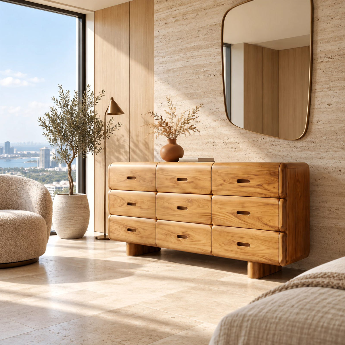 Retro Rounded Wooden Dresser With 9 Pillow Drawers For Bedroom