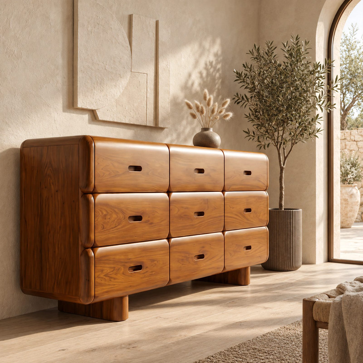 Retro Rounded Wooden Dresser With 9 Pillow Drawers For Bedroom