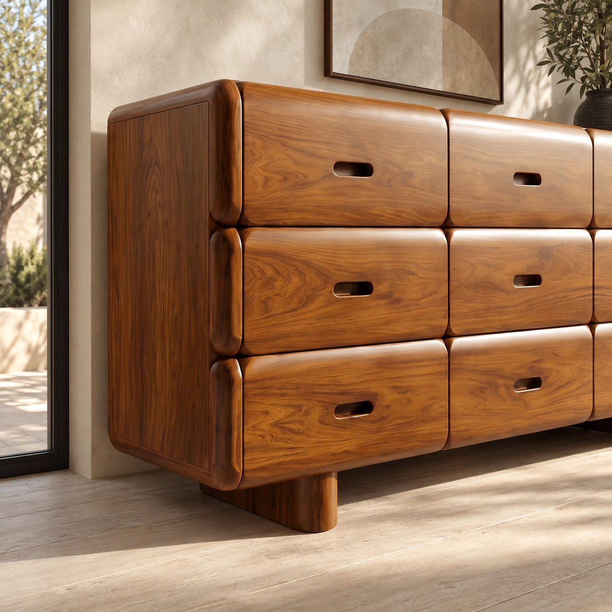 Retro Rounded Wooden Dresser With 9 Pillow Drawers For Bedroom