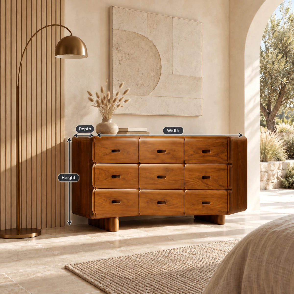 Retro Rounded Wooden Dresser With 9 Pillow Drawers For Bedroom