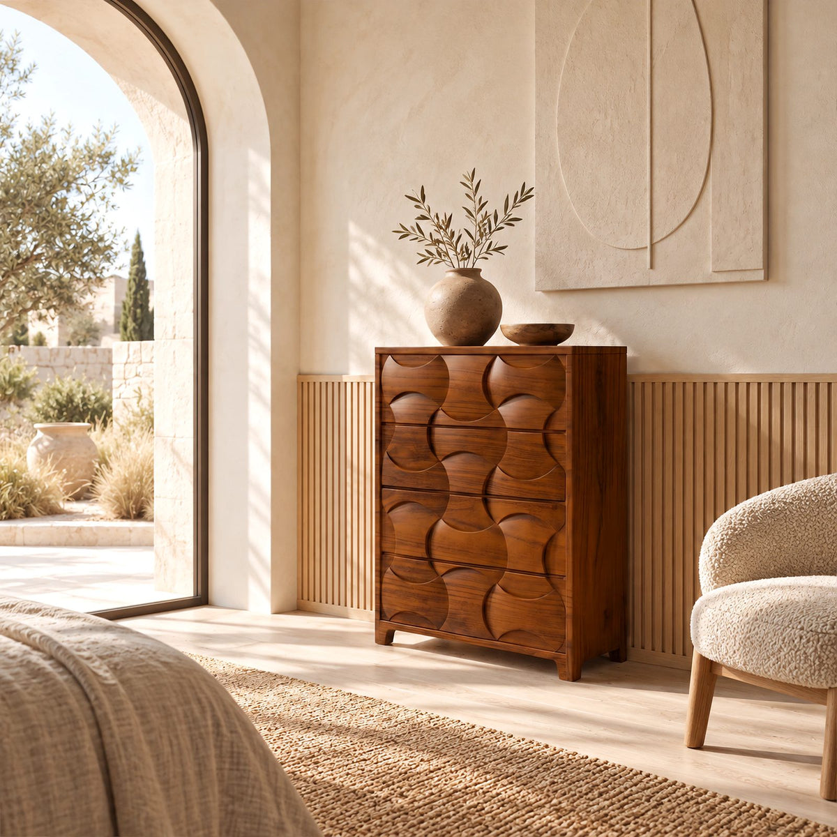 Modern Tall Chest Of Drawers With Scooped Carved Fronts For Bedroom