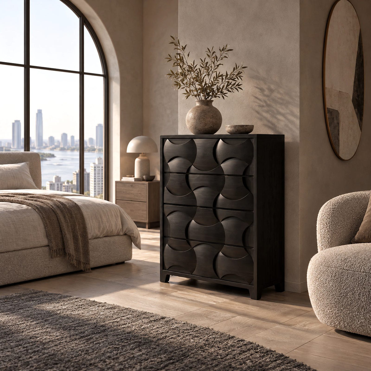 Modern Tall Chest Of Drawers With Scooped Carved Fronts For Bedroom