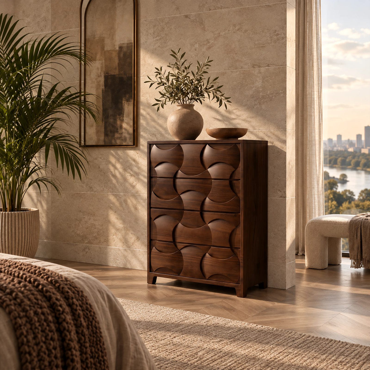 Modern Tall Chest Of Drawers With Scooped Carved Fronts For Bedroom