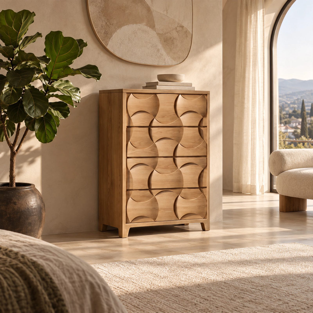 Modern Tall Chest Of Drawers With Scooped Carved Fronts For Bedroom