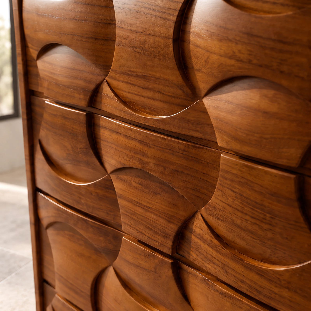 Modern Tall Chest Of Drawers With Scooped Carved Fronts For Bedroom