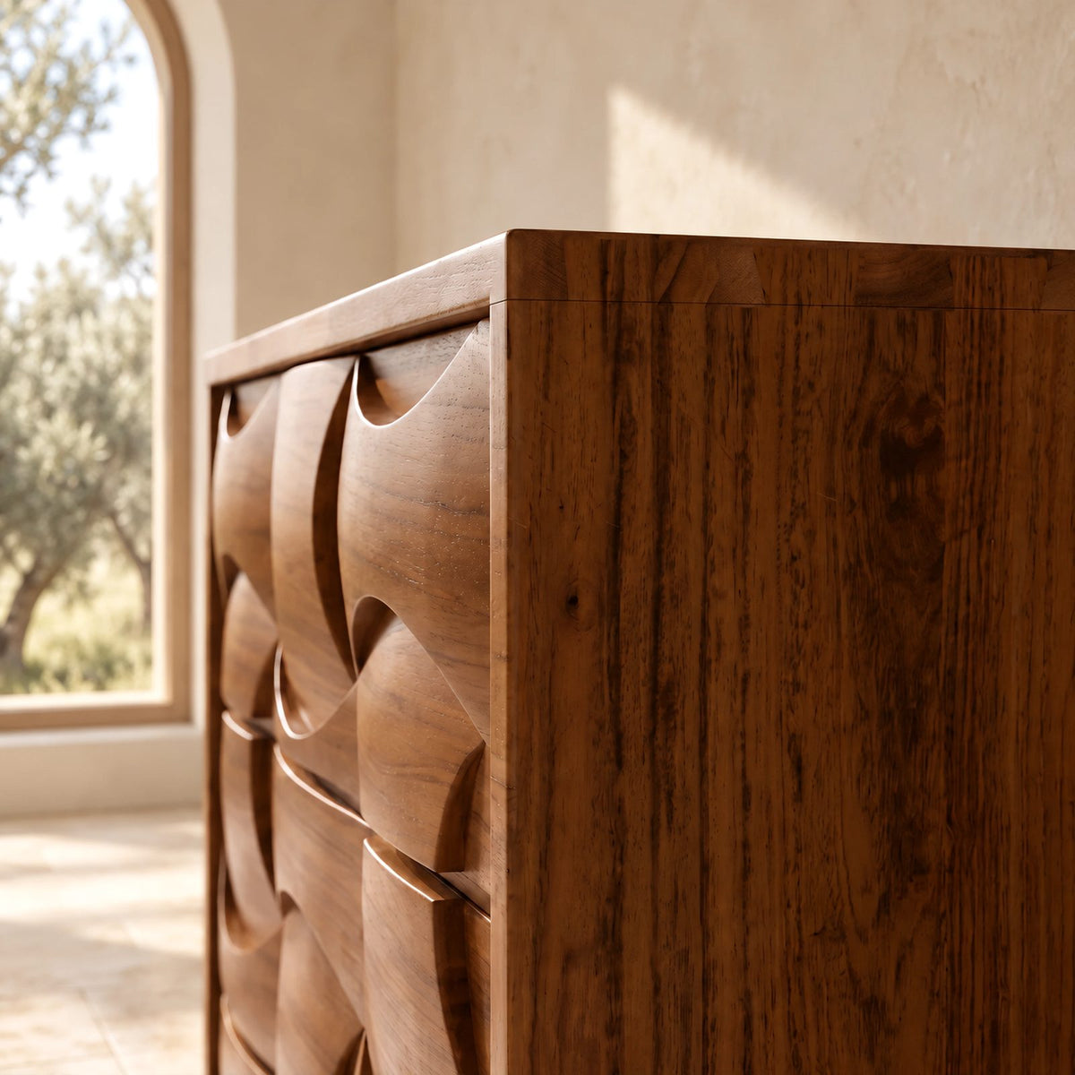 Modern Tall Chest Of Drawers With Scooped Carved Fronts For Bedroom