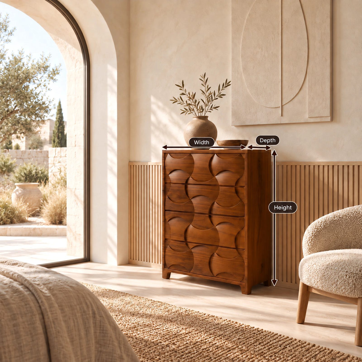 Modern Tall Chest Of Drawers With Scooped Carved Fronts For Bedroom