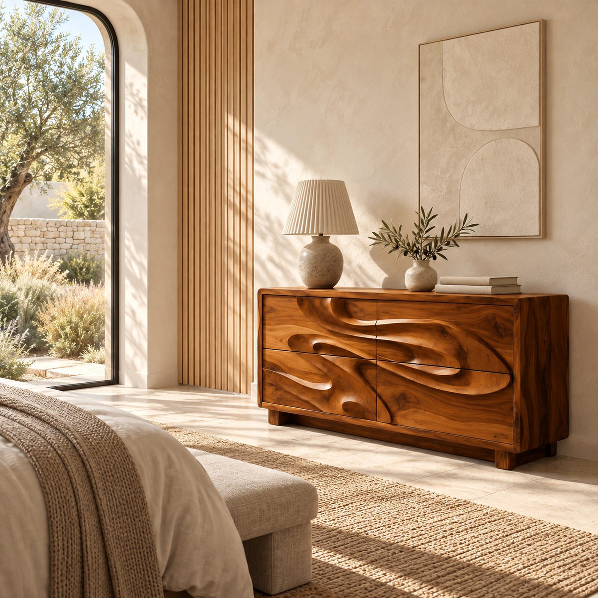 Sculptural Wood Dresser With Flowing Relief Drawers For Bedroom