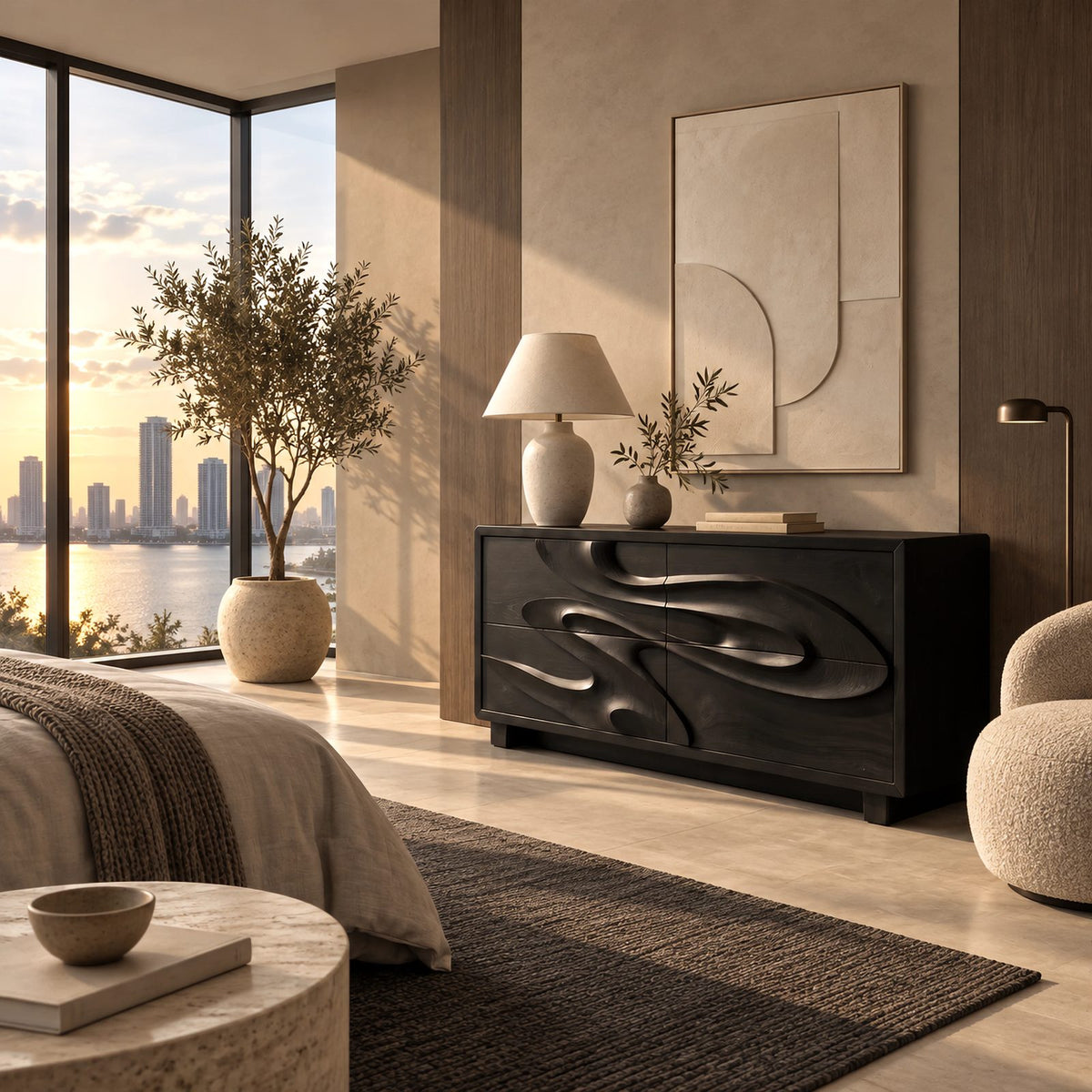 Sculptural Wood Dresser With Flowing Relief Drawers For Bedroom