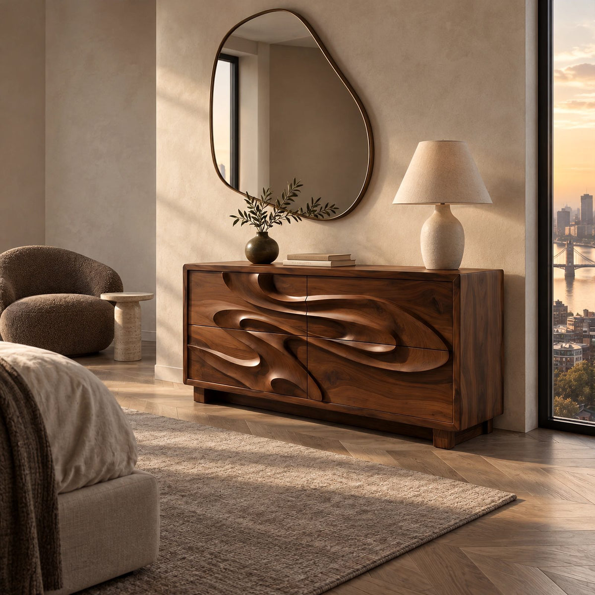 Sculptural Wood Dresser With Flowing Relief Drawers For Bedroom