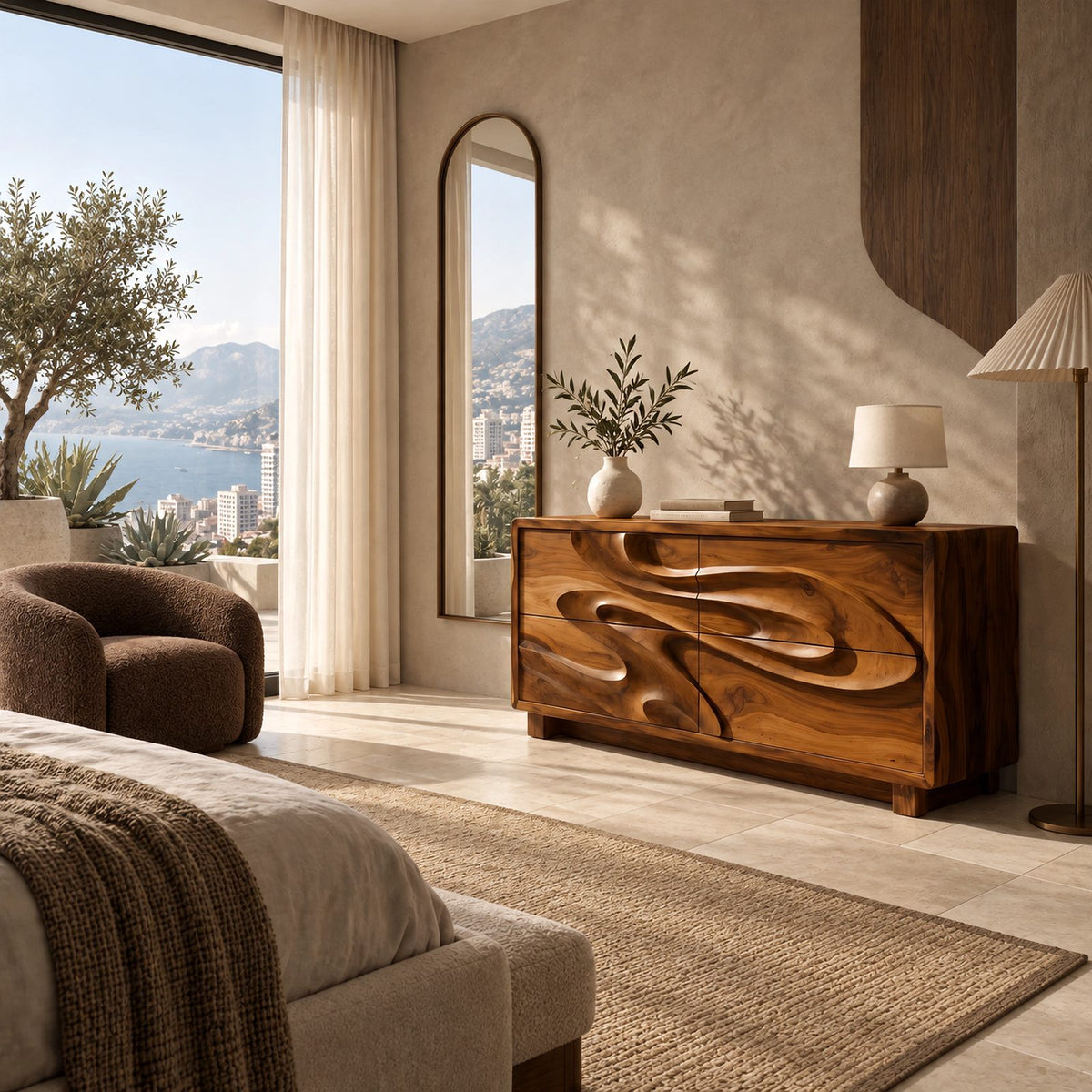 Sculptural Wood Dresser With Flowing Relief Drawers For Bedroom