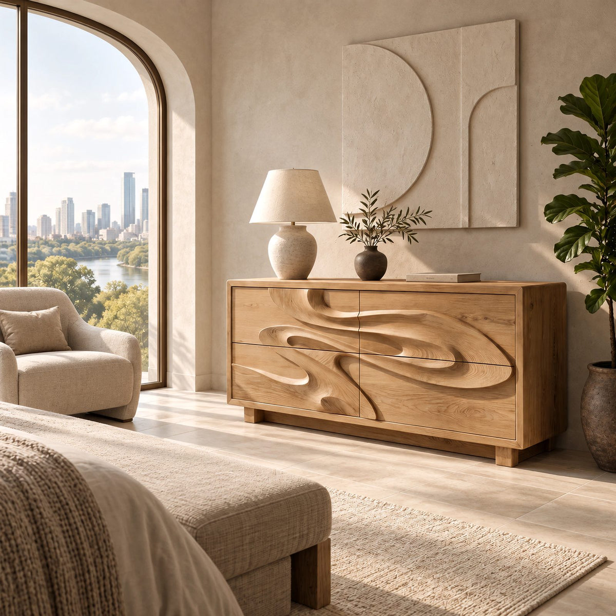 Sculptural Wood Dresser With Flowing Relief Drawers For Bedroom