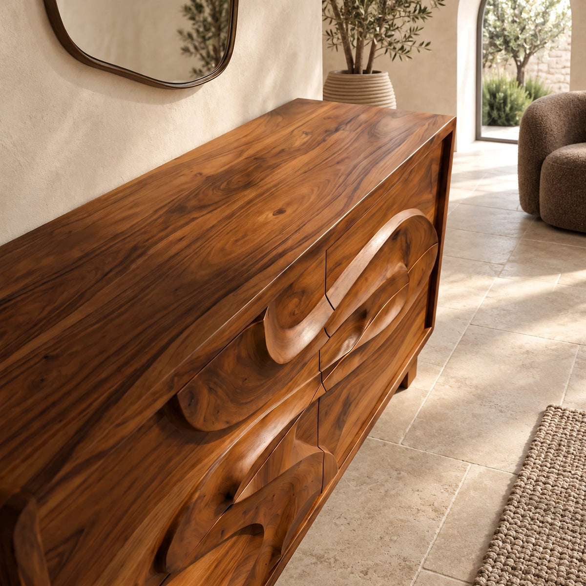Sculptural Wood Dresser With Flowing Relief Drawers For Bedroom
