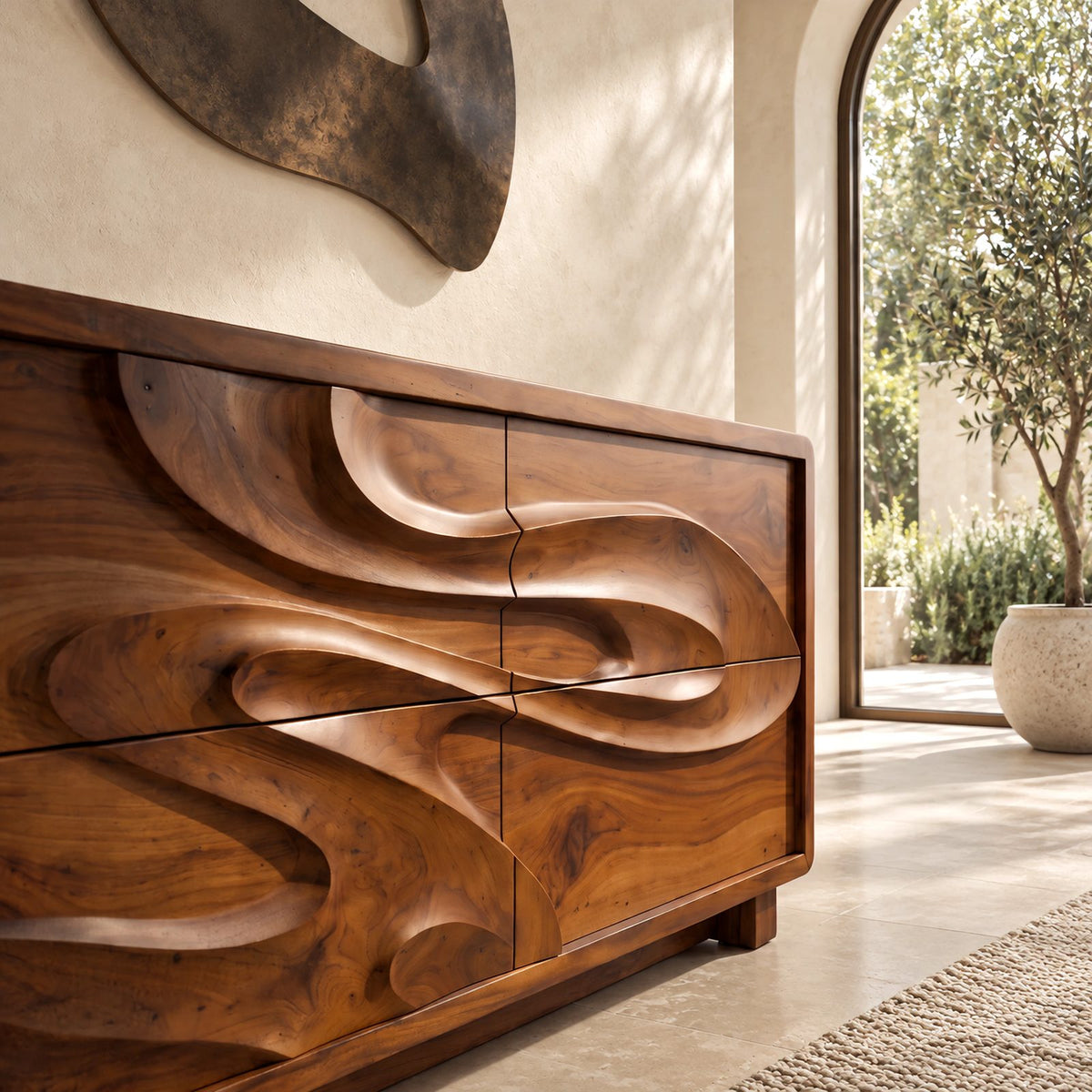 Sculptural Wood Dresser With Flowing Relief Drawers For Bedroom