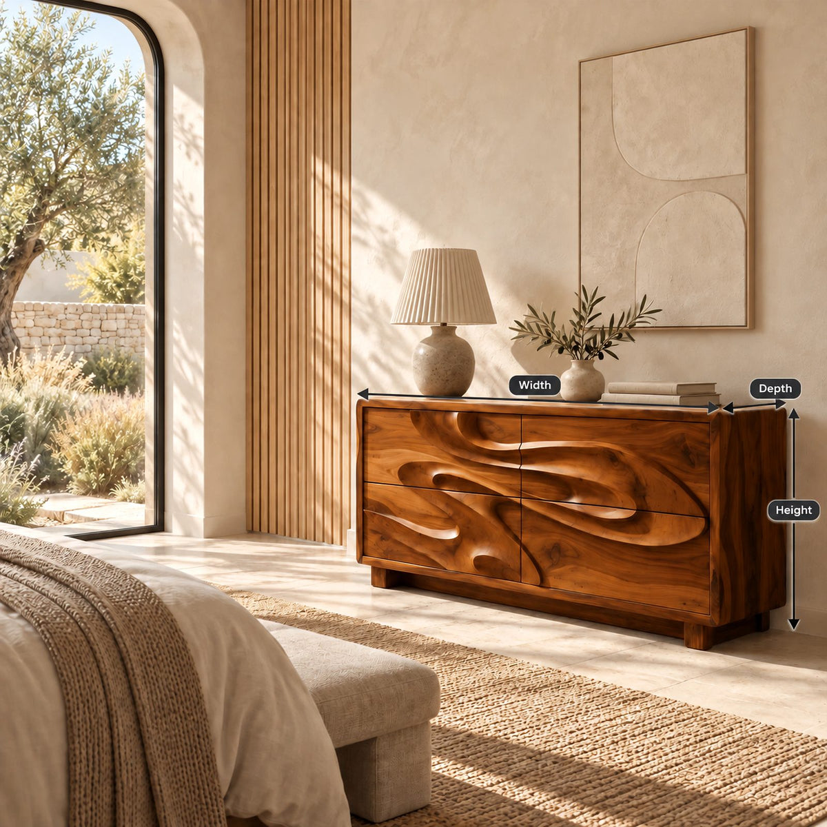 Sculptural Wood Dresser With Flowing Relief Drawers For Bedroom