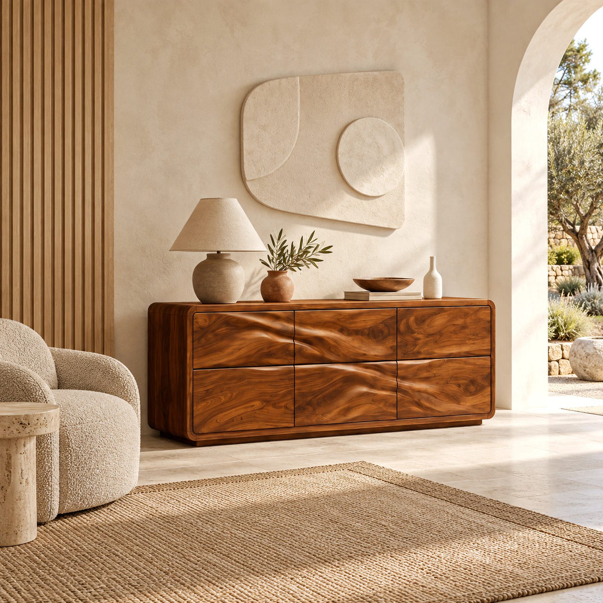 Japandi Low Wooden Dresser With Soft Wave Drawers For Bedroom