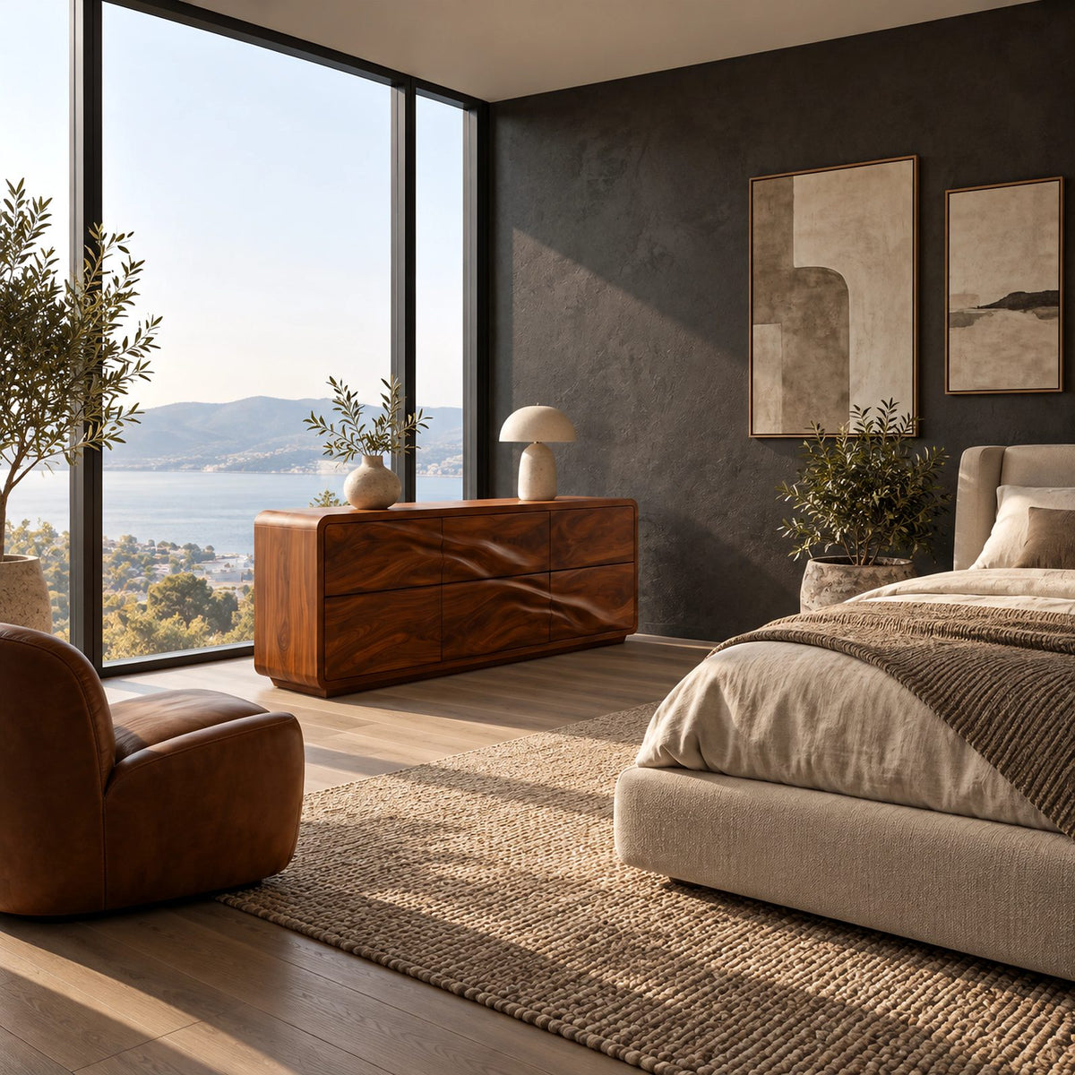Japandi Low Wooden Dresser With Soft Wave Drawers For Bedroom