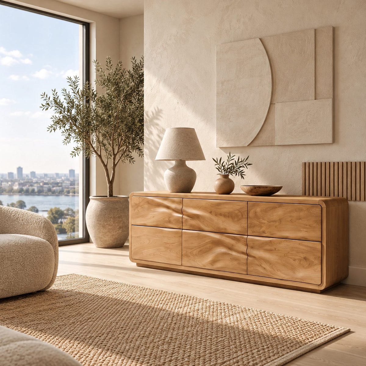 Japandi Low Wooden Dresser With Soft Wave Drawers For Bedroom