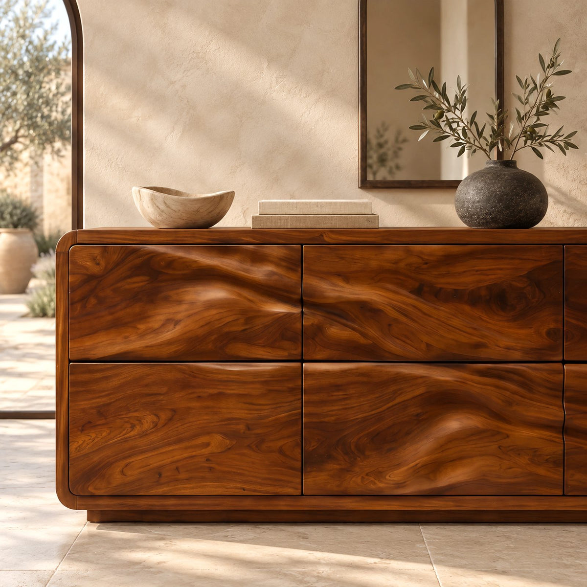 Japandi Low Wooden Dresser With Soft Wave Drawers For Bedroom