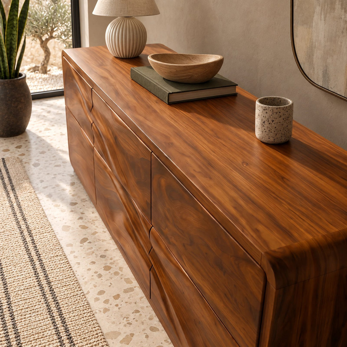 Japandi Low Wooden Dresser With Soft Wave Drawers For Bedroom