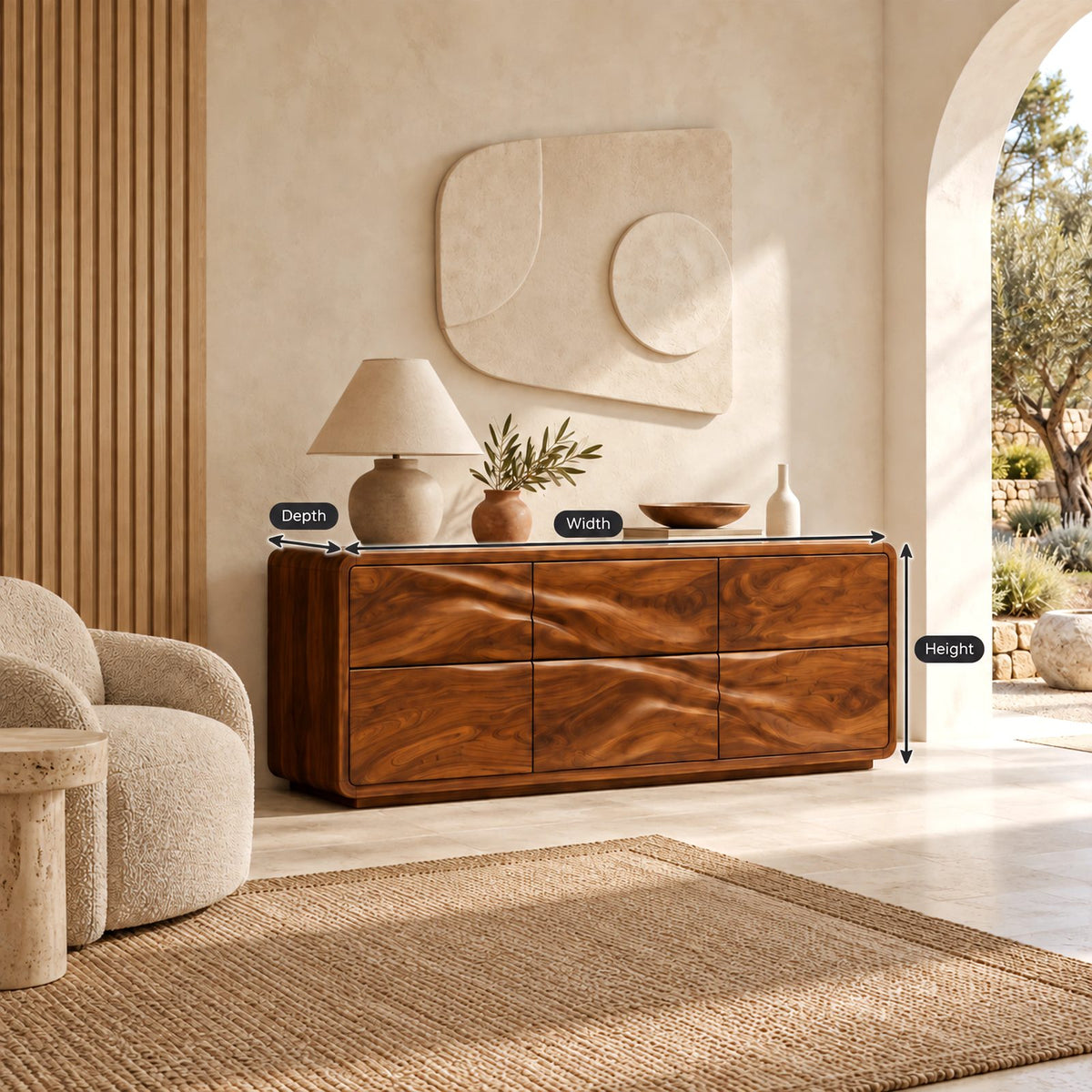 Japandi Low Wooden Dresser With Soft Wave Drawers For Bedroom
