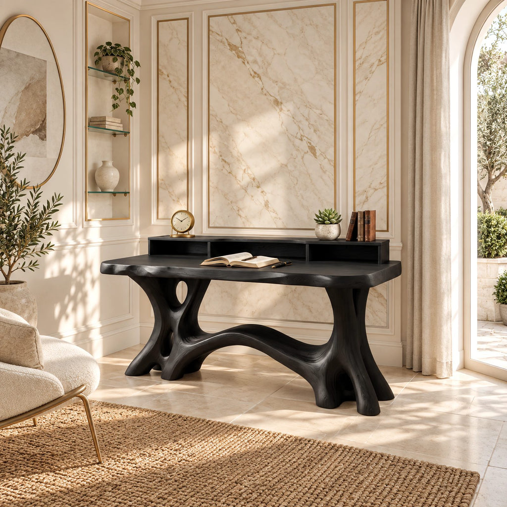 Rustic Live Edge Writing Desk With Carved Root Base For Study Room