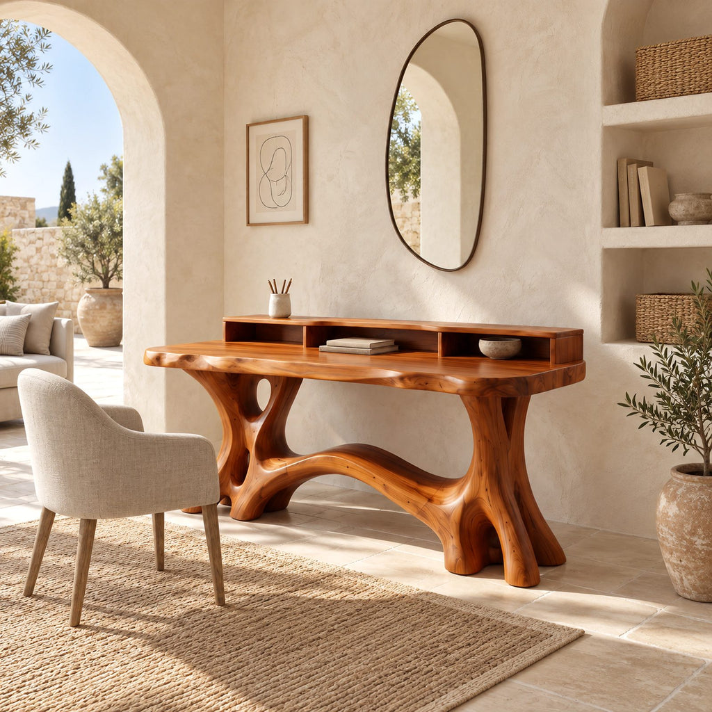 Rustic Live Edge Writing Desk With Carved Root Base For Study Room