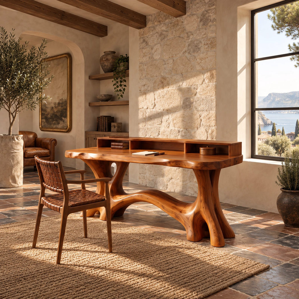 Rustic Live Edge Writing Desk With Carved Root Base For Study Room
