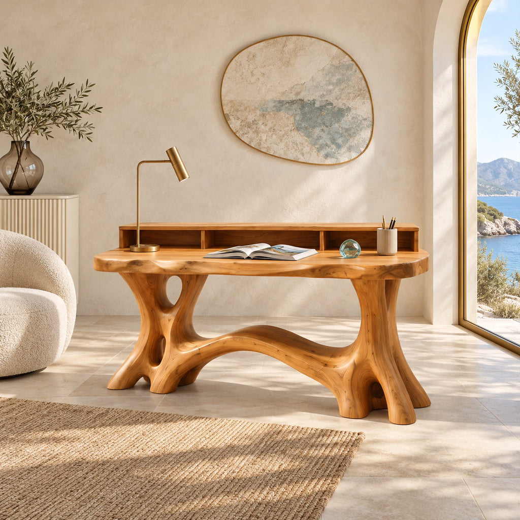 Rustic Live Edge Writing Desk With Carved Root Base For Study Room