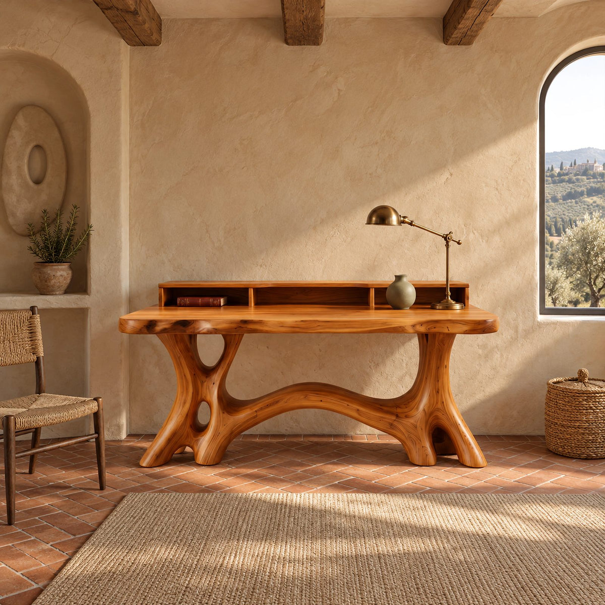 Rustic Live Edge Writing Desk With Carved Root Base For Study Room