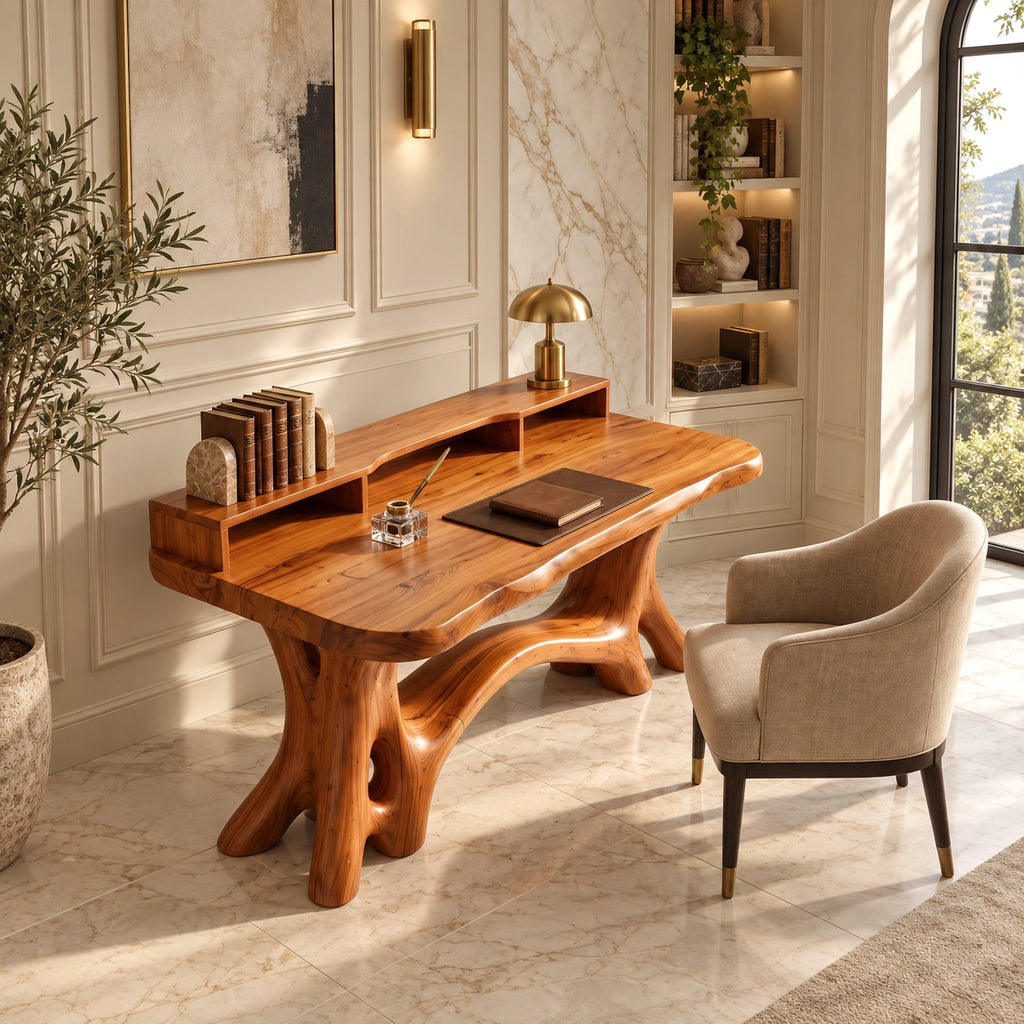 Rustic Live Edge Writing Desk With Carved Root Base For Study Room